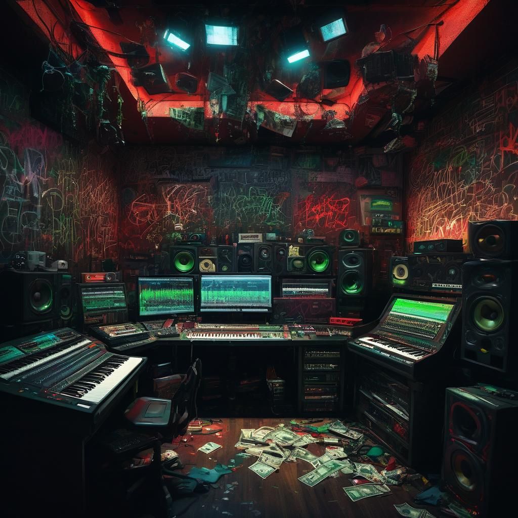 Dark, Graffiti-Adorned Recording Studio in Warm, Cinematic L...