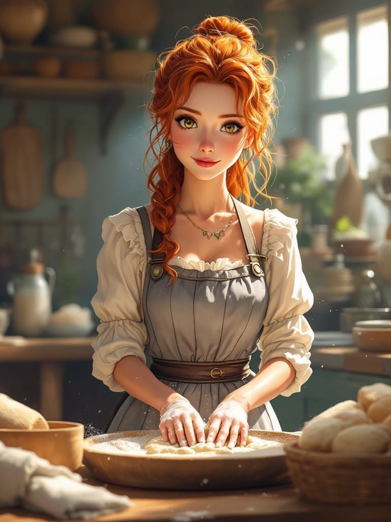 Redhead Baker Kneading Dough in Luminous Anime Style