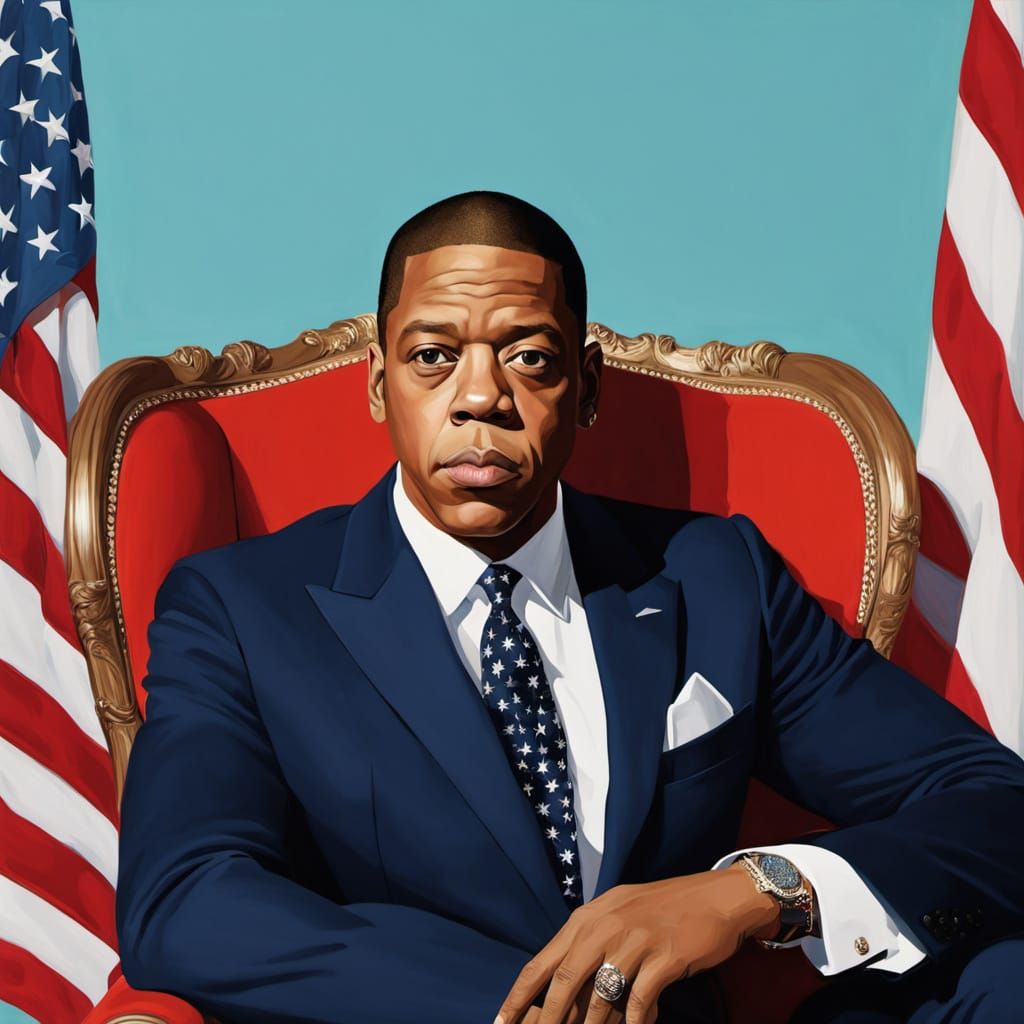 Regal Jay-Z in Navy Blue Suit, Patriotic Background