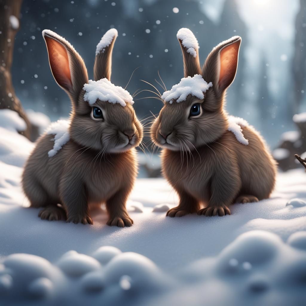 Baby Bunnies Frolic in Winter Snow