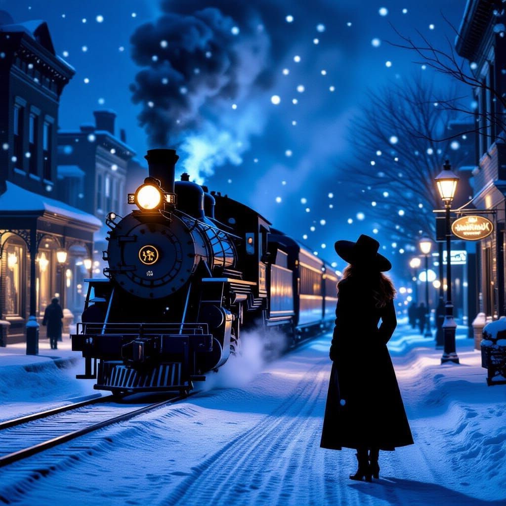 Christmas Train in Old Town Film Noir Style