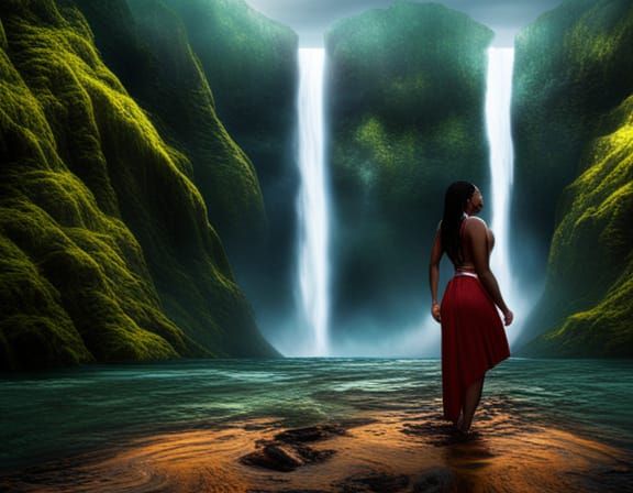 Cinematic Waterfall Portrait of Black Woman