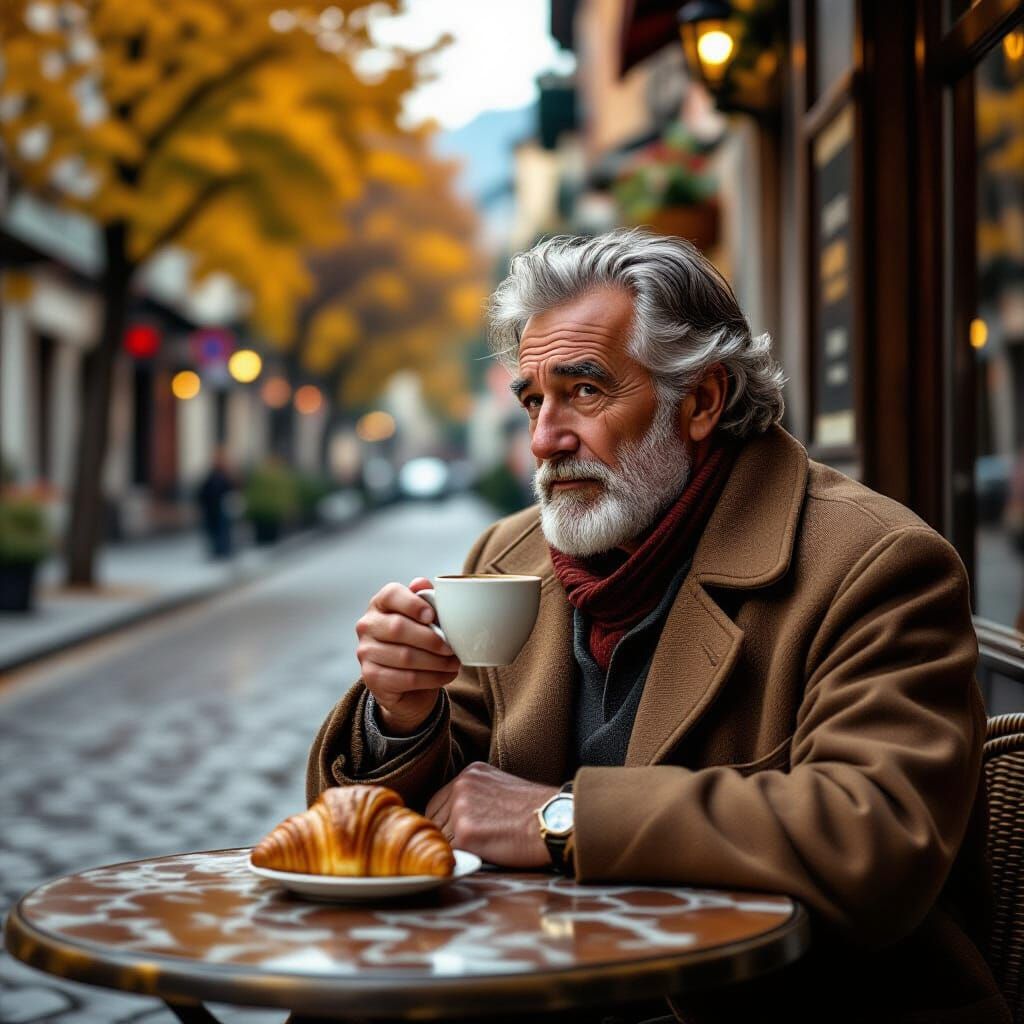 Elderly Man Observes Autumn Street Scene