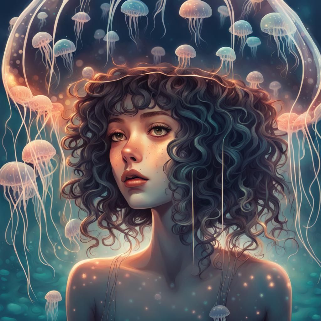 Glowing Jellyfish Girl in the Sea