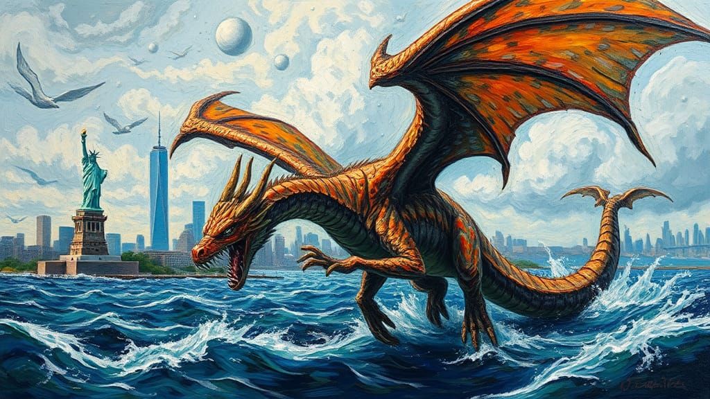Dragon Soars Over New York: Acrylic Impasto Painting
