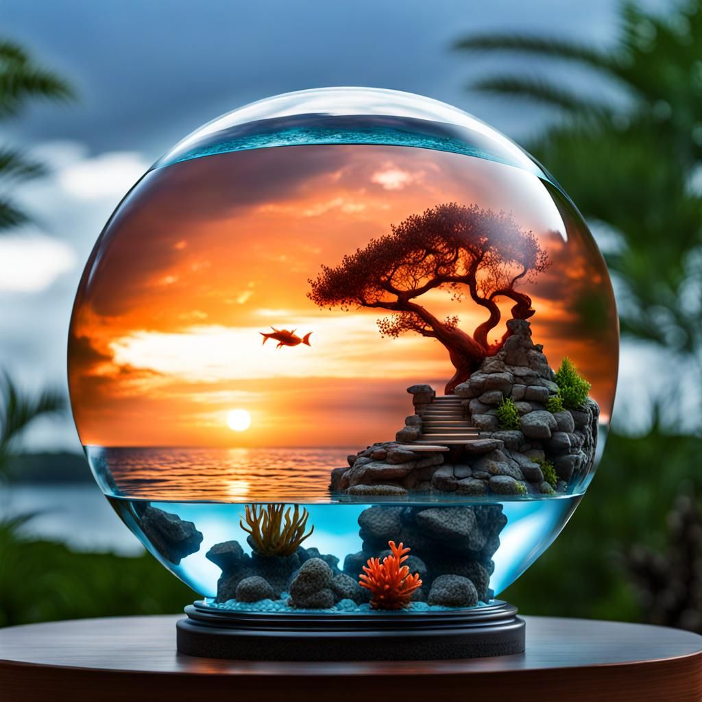 Luminescent Glass Sphere Aquarium with Flame Woman