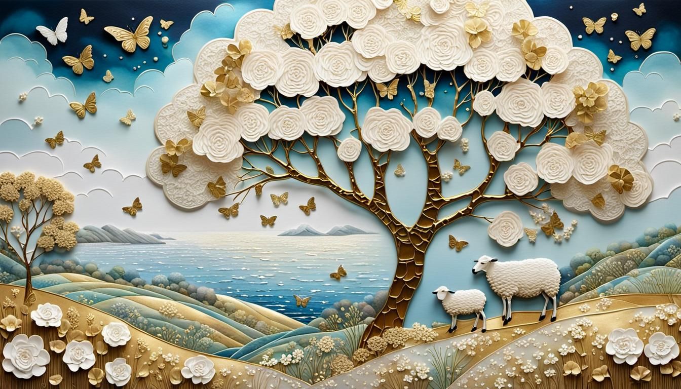 Pastoral Landscape with Sheep, Sea, and Rainbow