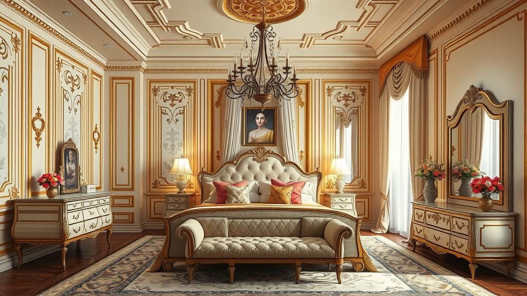 Regal Art Deco Bedroom in Light Beige Tones