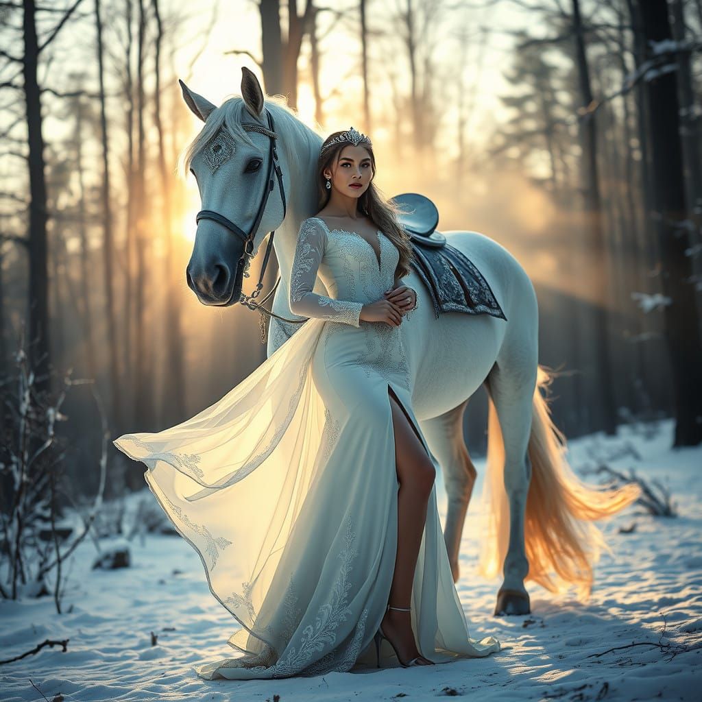 Regal Woman in Snowy Forest, in Cinematic Digital Art Style