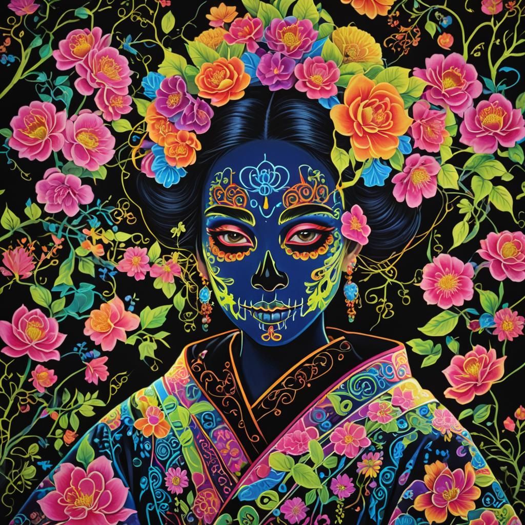 Fluorescent Geisha with Día de los Muertos Face Paint