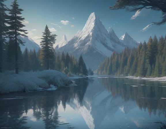 Snowy Peaks Reflected in Crystal Lake, Digital Painting
