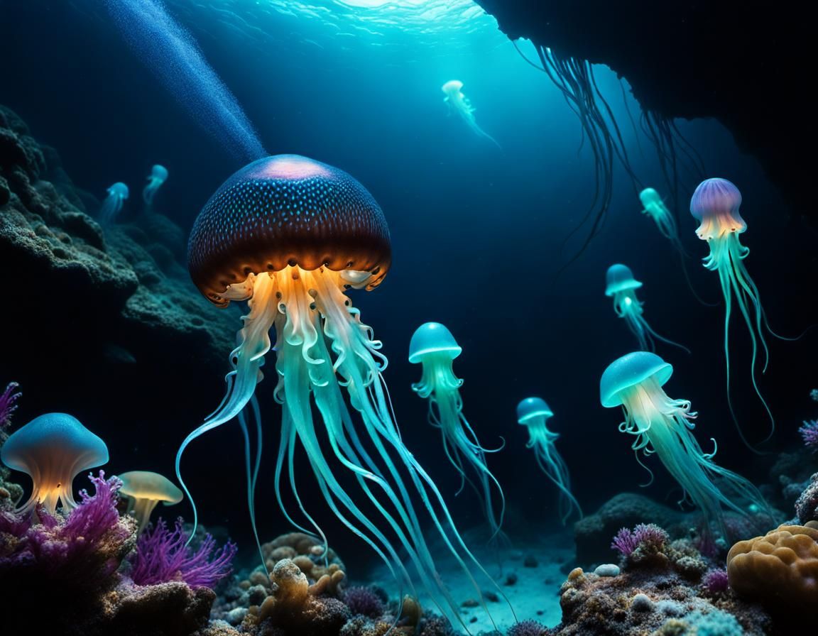 Bioluminescent Deep Sea Creatures in a Dark Ocean