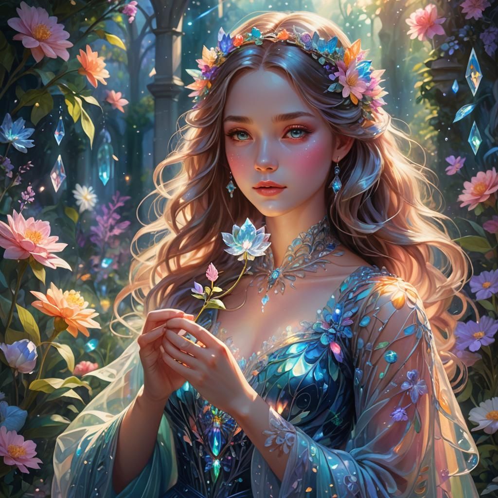 Beautiful Girl with Crystal Flower in Art Nouveau Style