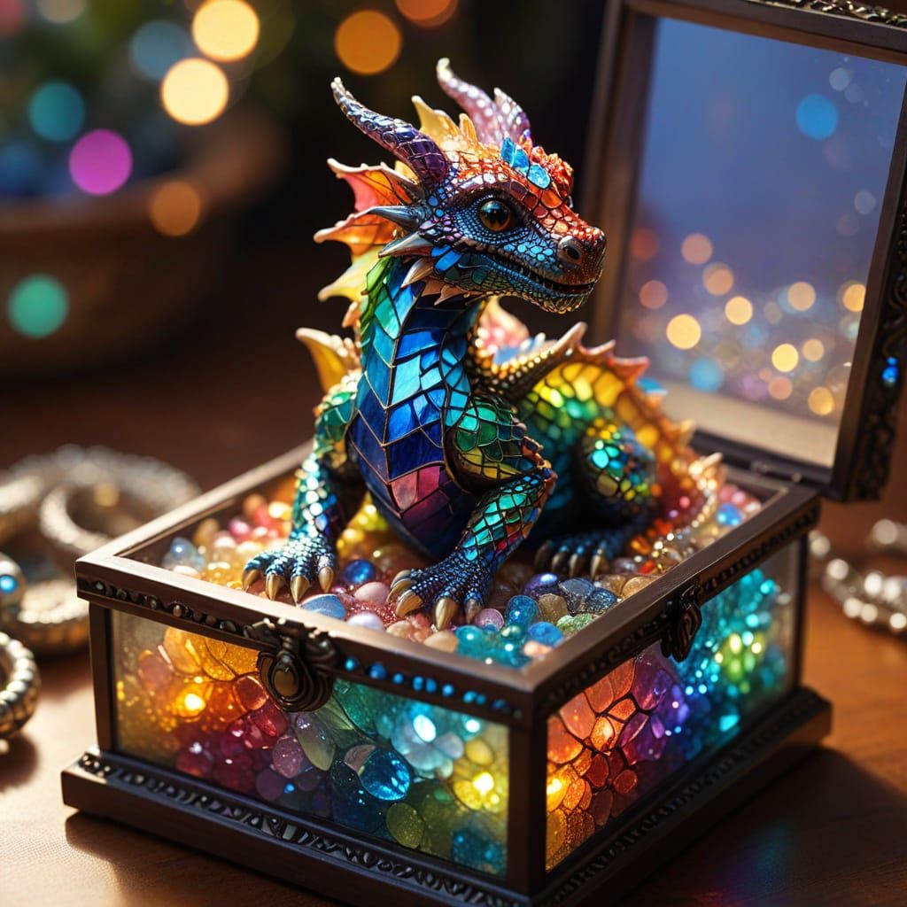 Whimsical Mosaic Fantasy Illustration of Baby Dragon in Jewe...