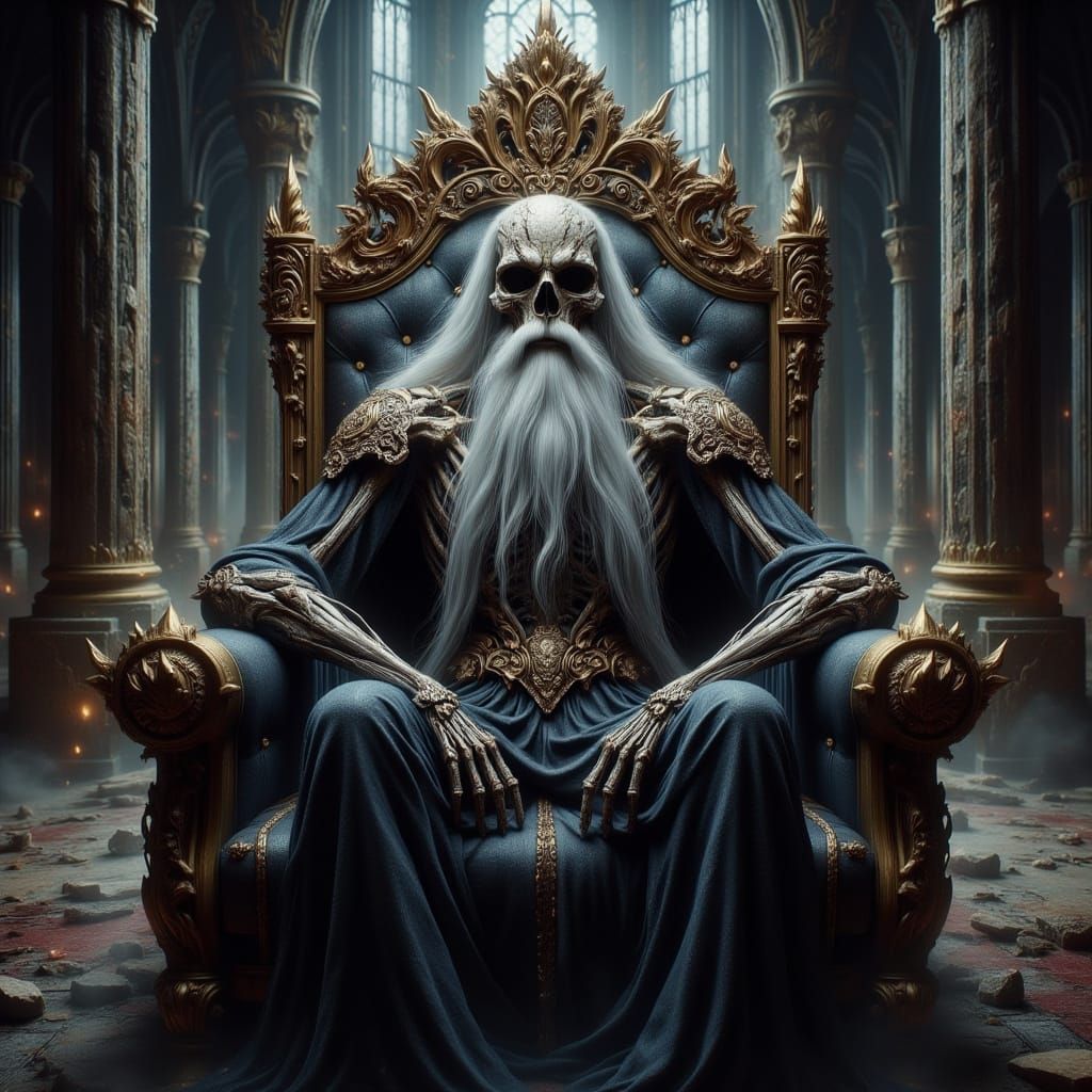 Skeletal King on Abandoned Throne in Dark Fantasy Style