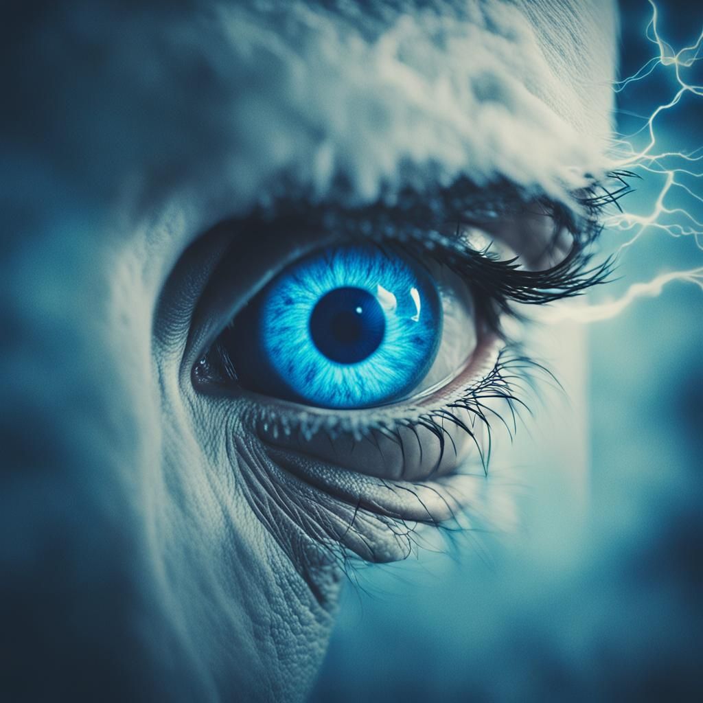 Electric Blue Eyes in Fog, Cinematic Film Still
