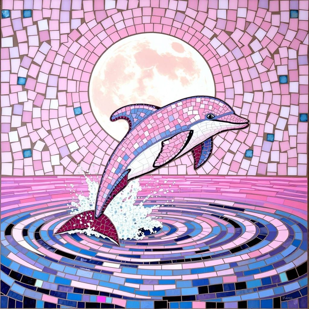 Dolphin under moonlight, beautiful mosaic in pink palette, p...