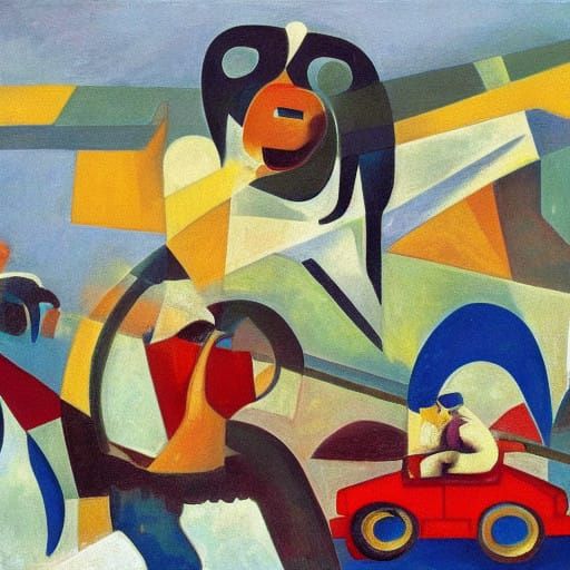 Canine Chauffeur Drives Across the Steppe in a Vibrant, Cubi...