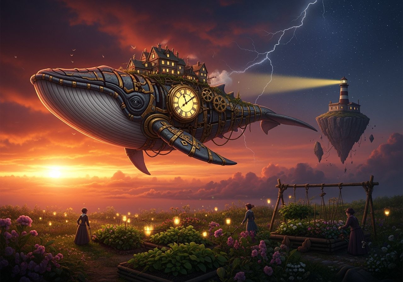 Clockwork Whale Carries Village Through Sunset Sky