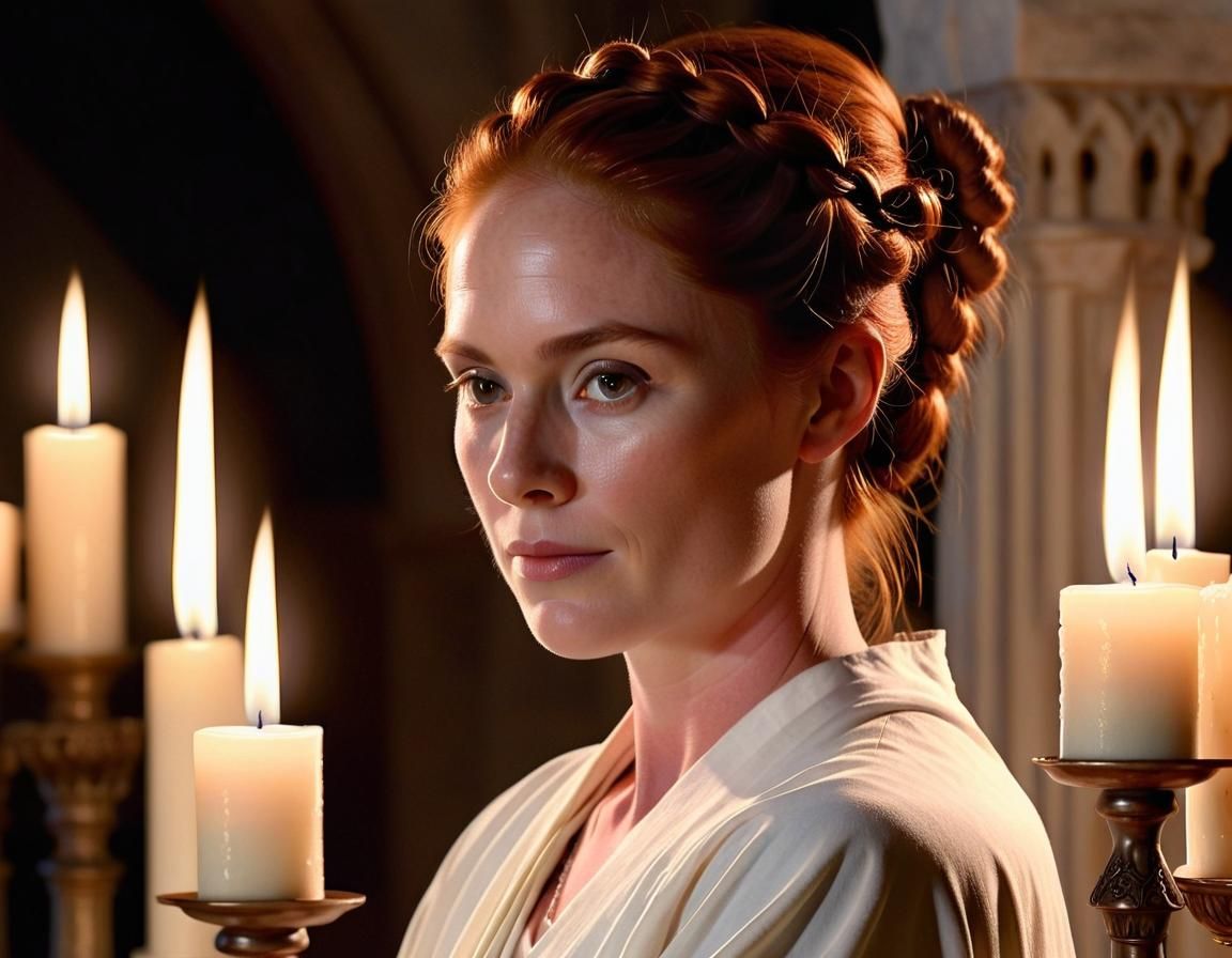 Ethereal Woman at Temple Altar, Oil Painting