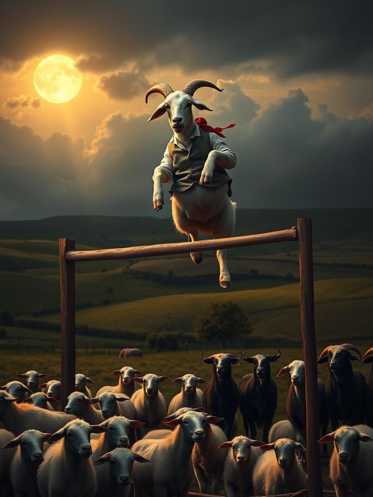 Goat Pole Vaulting in Rembrandt Style