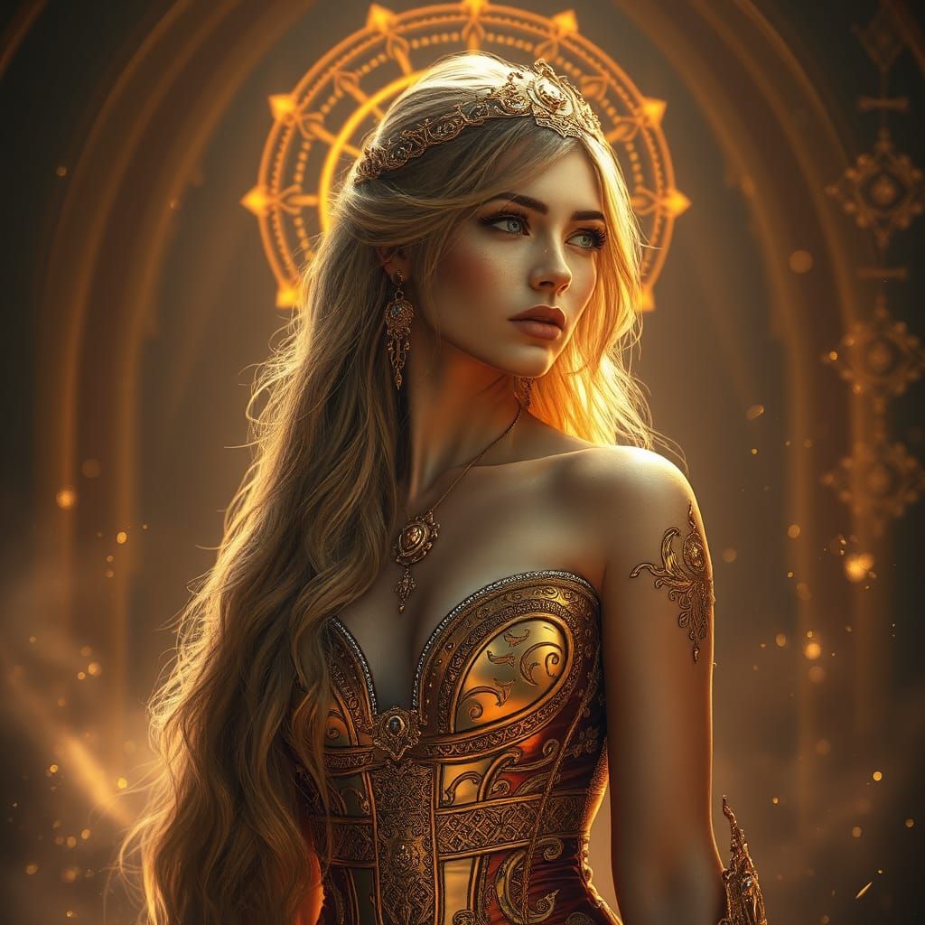Golden Woman in Mythological Realm, Detailed Digital Art
