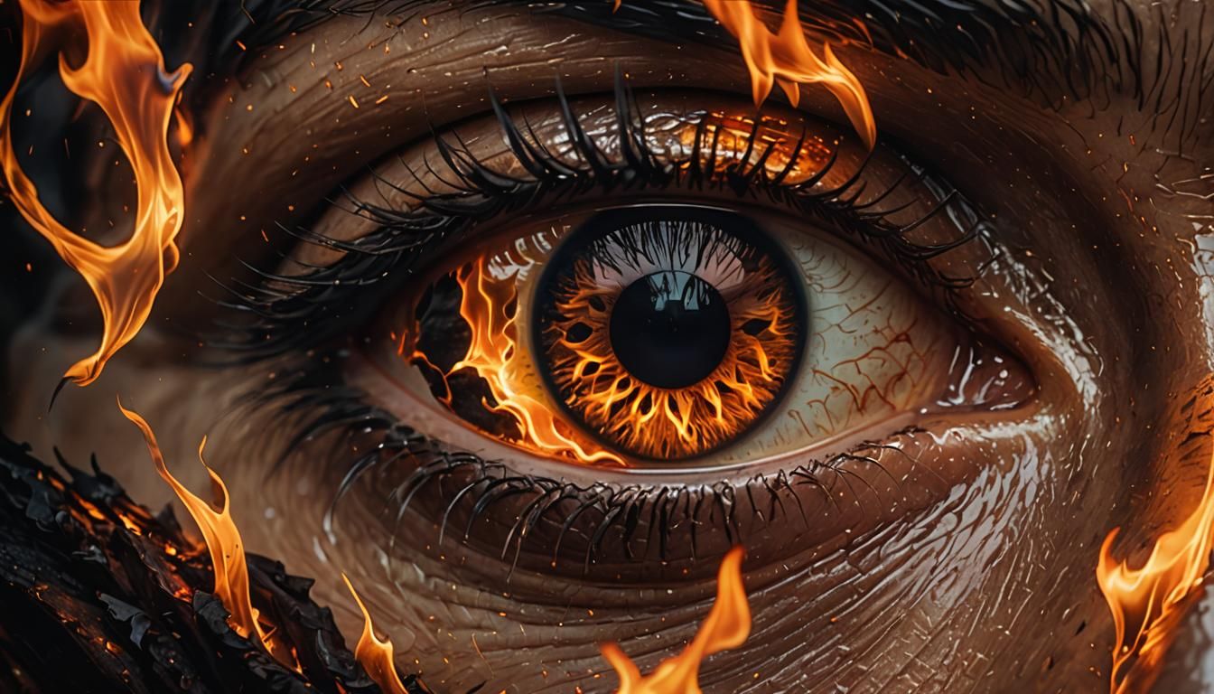 Eye Reflecting a Burning House in Dark Fantasy Art