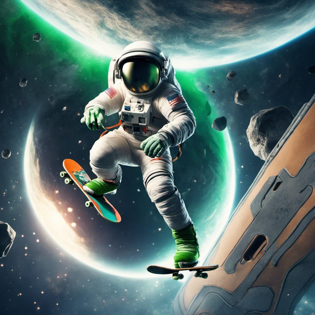 an astronaut skate boarding