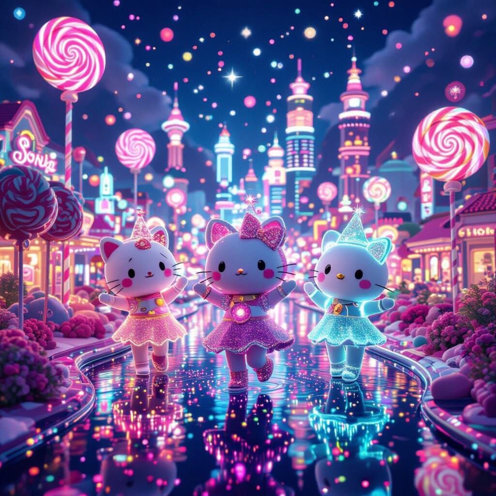 Bioluminescent Sanrio Characters in Candy Cityscape