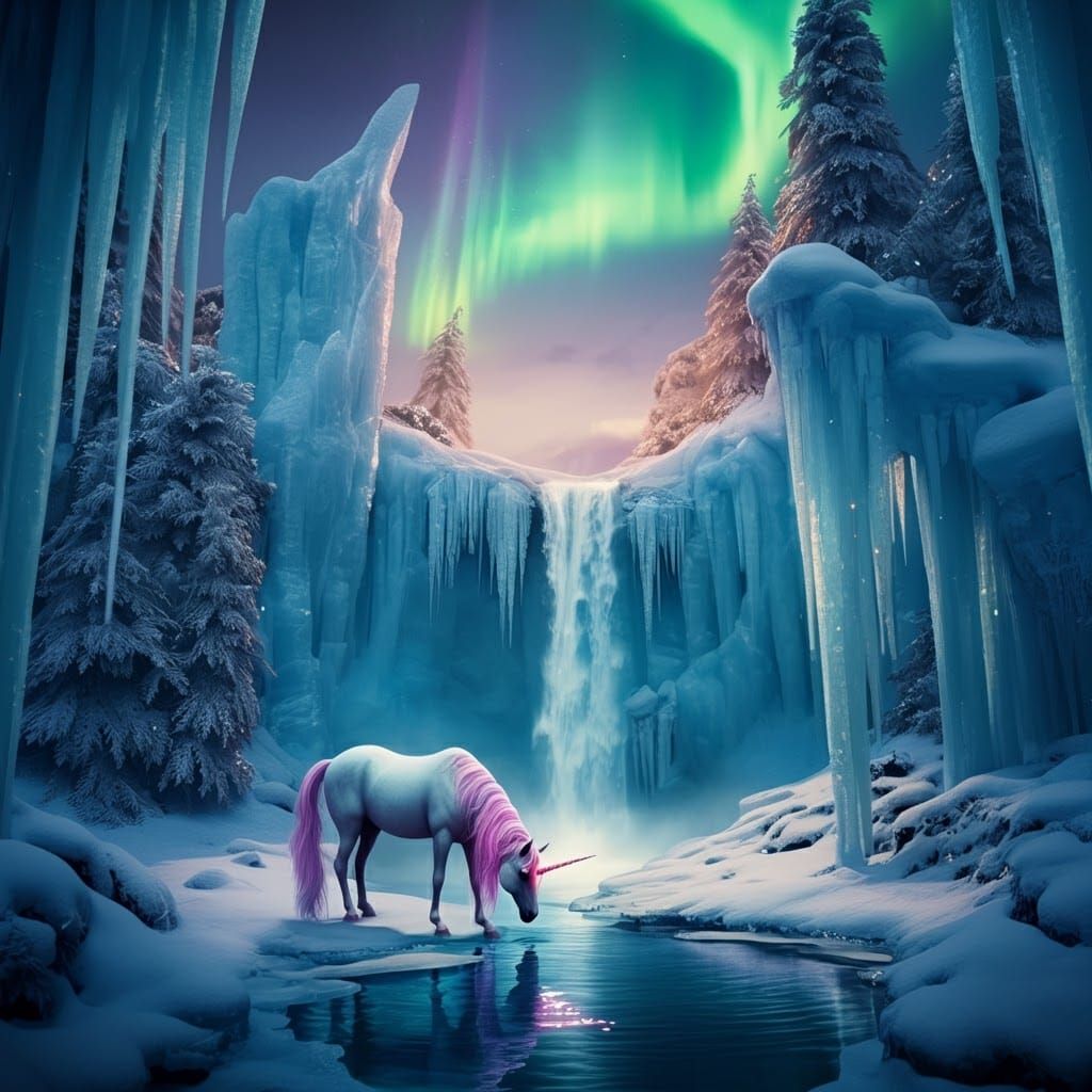 Mystical Unicorn in Winter Wonderland Landscape