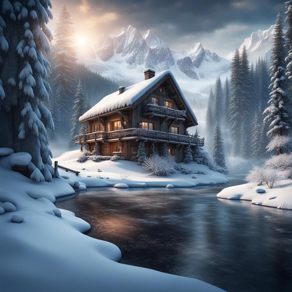 Winter Mountain Chalet Scene with Frozen River