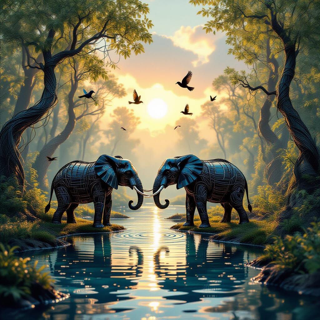 Surreal Wire Forest with Elephant in Hyperrealism