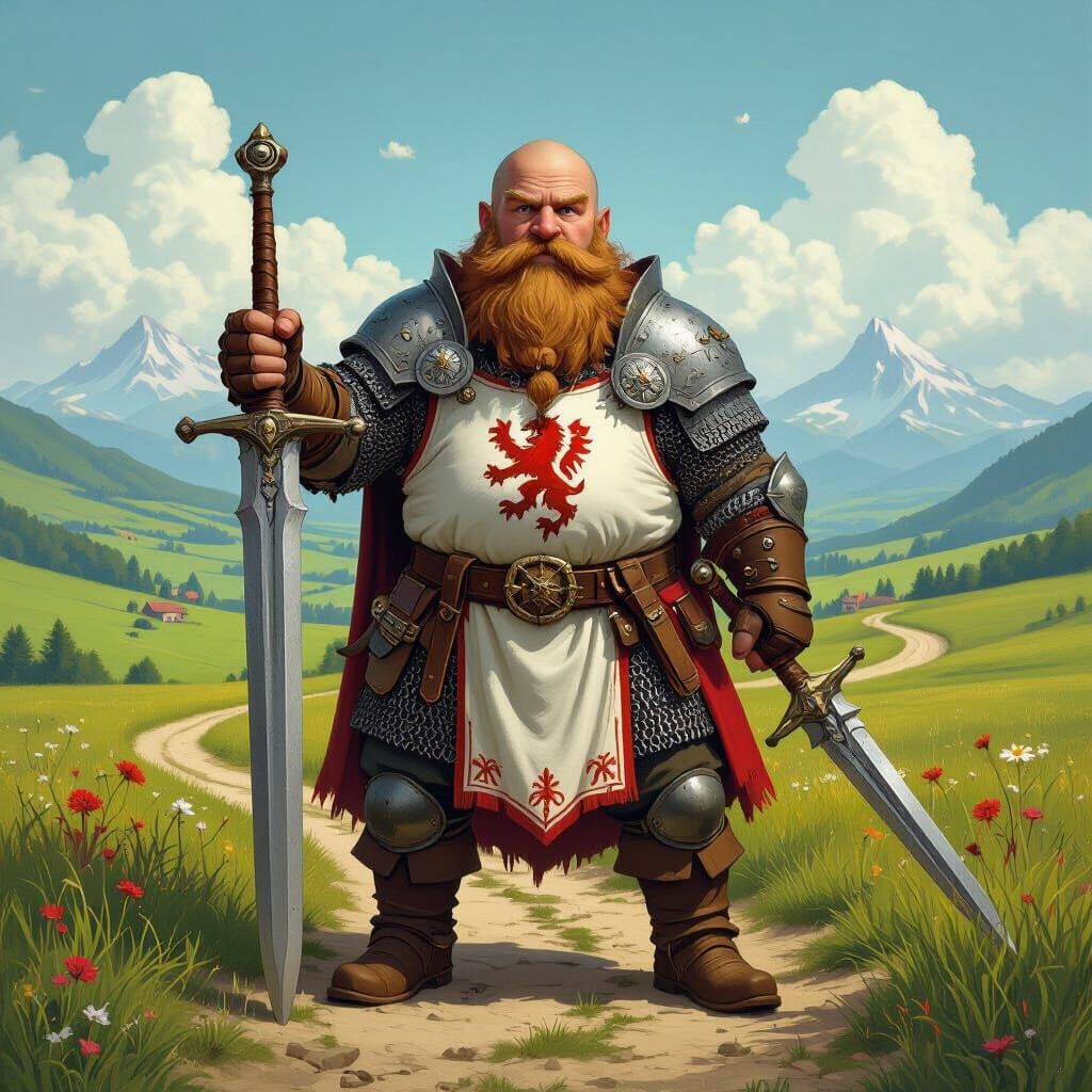 Dwarven Warrior Racing in a Lush Landscape