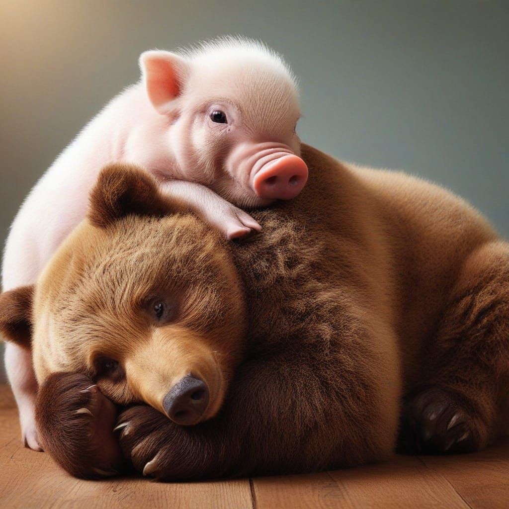 Pig Hugs Grizzly Bear in Soft Lighting