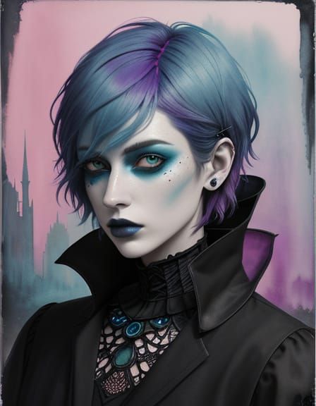 Ethereal Gothic Woman in Abstract Surreal Watercolour Style