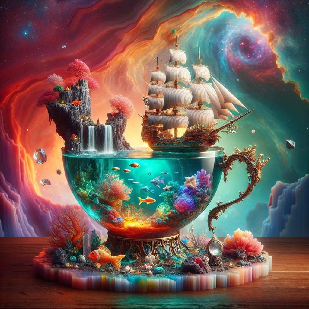 Coral Reef Teacup Diorama in Art Nouveau Style