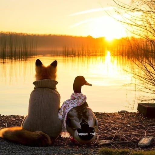 Fox and Duck by Lakeside at Sunset