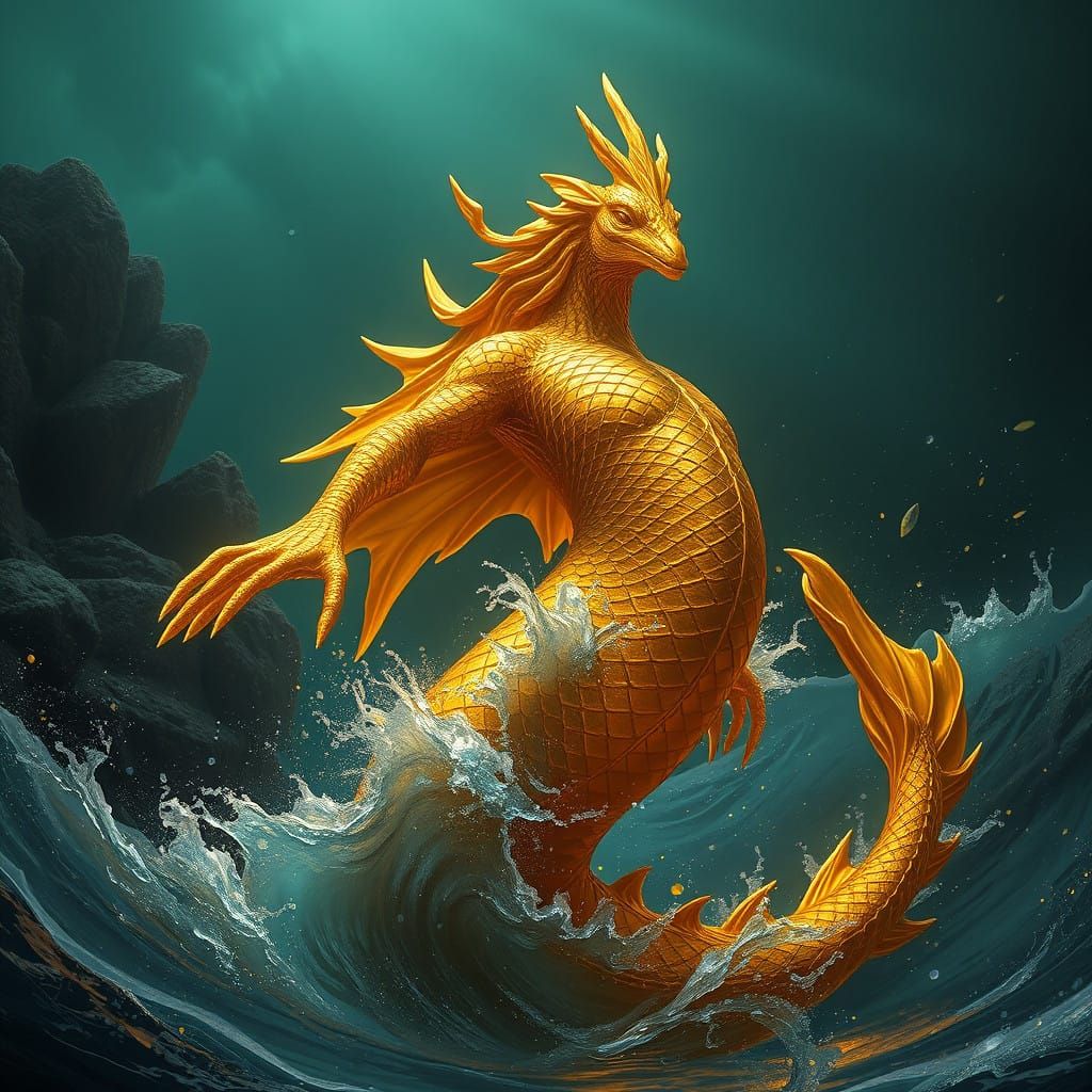 Golden Mythical Sea King in Vibrant Fantasy Realm