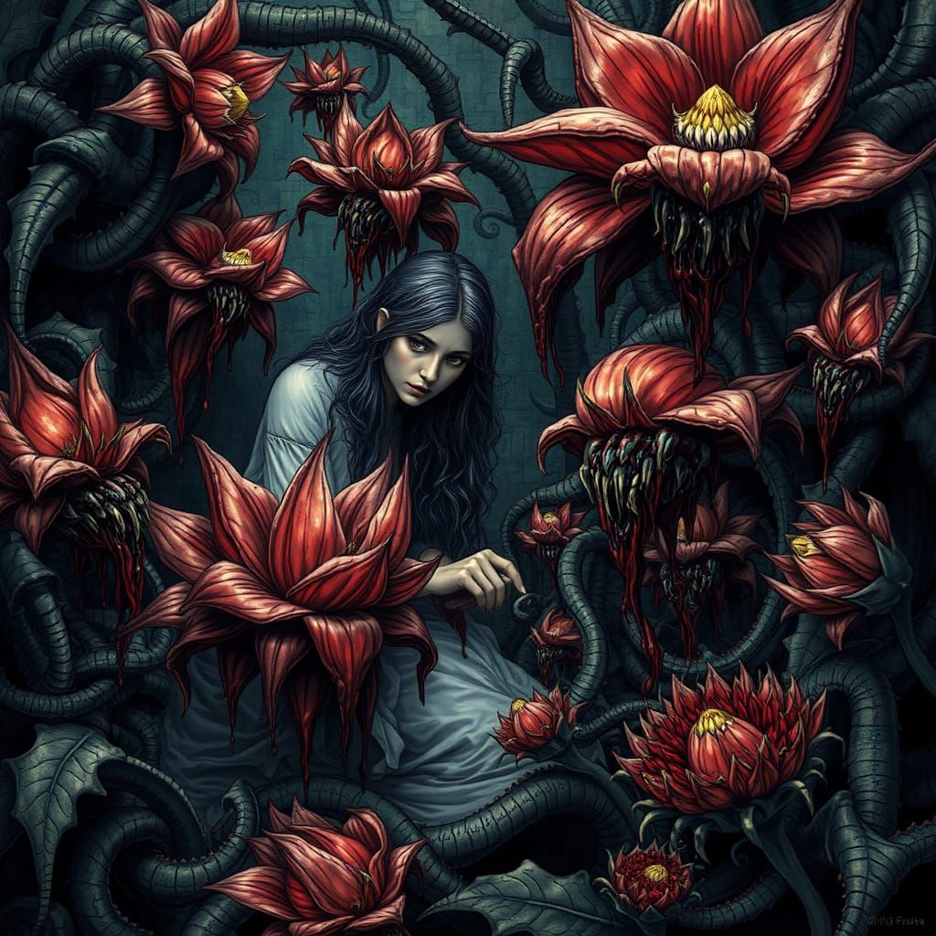 Nightmarish Garden with Flowers Having Teeth and Eyes