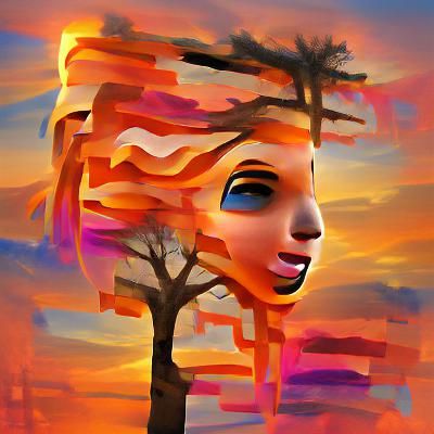 Abstract Sunset Tree with Girl's Face Artwork