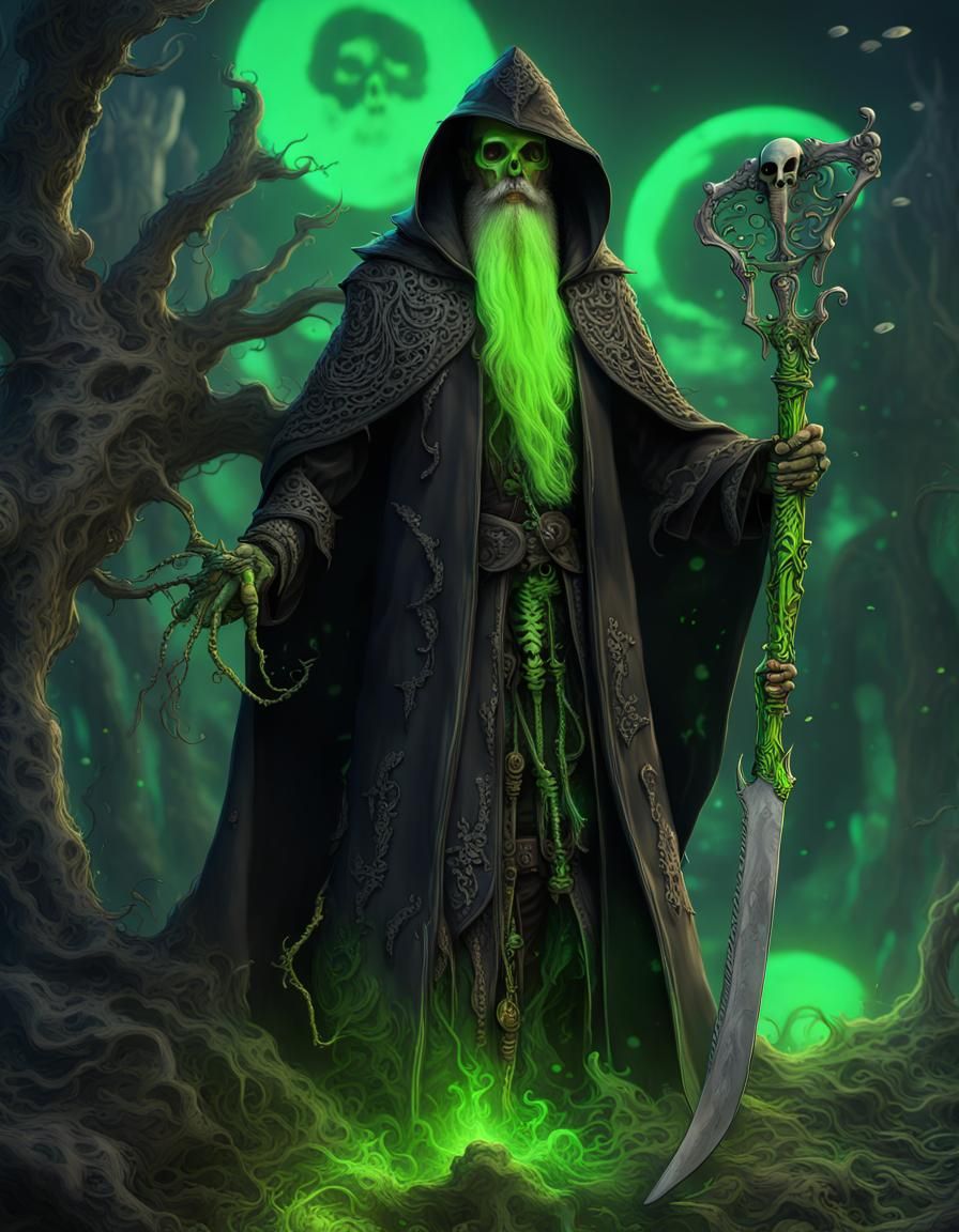 Wizard with Magic Scythe and Glowing Skulls