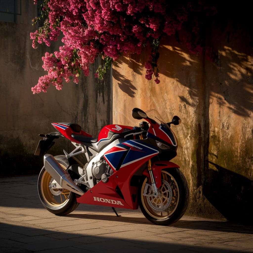 Red Honda Motorcycle Against Stone Wall
