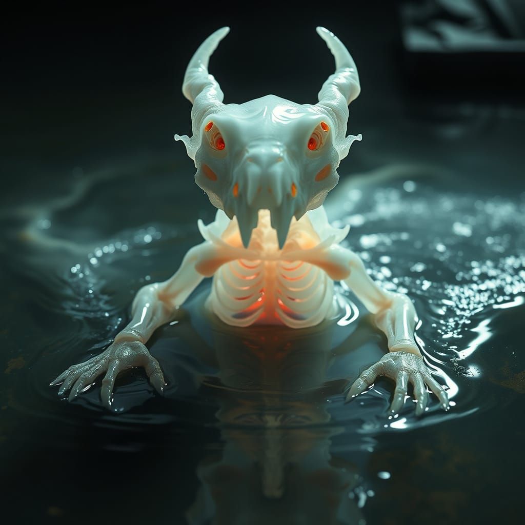 Eerie Ghostly Creature Emerging from Pool, Photorealistic