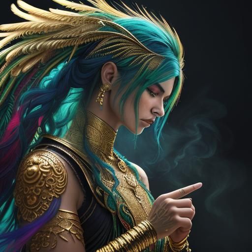 Rainbow Dragon Serpent Woman with Peacock Feathers