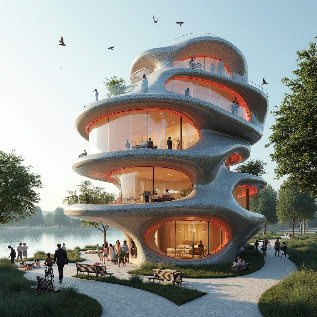 Futuristic Organic Flower-Shaped Building with Snake Skin Te...
