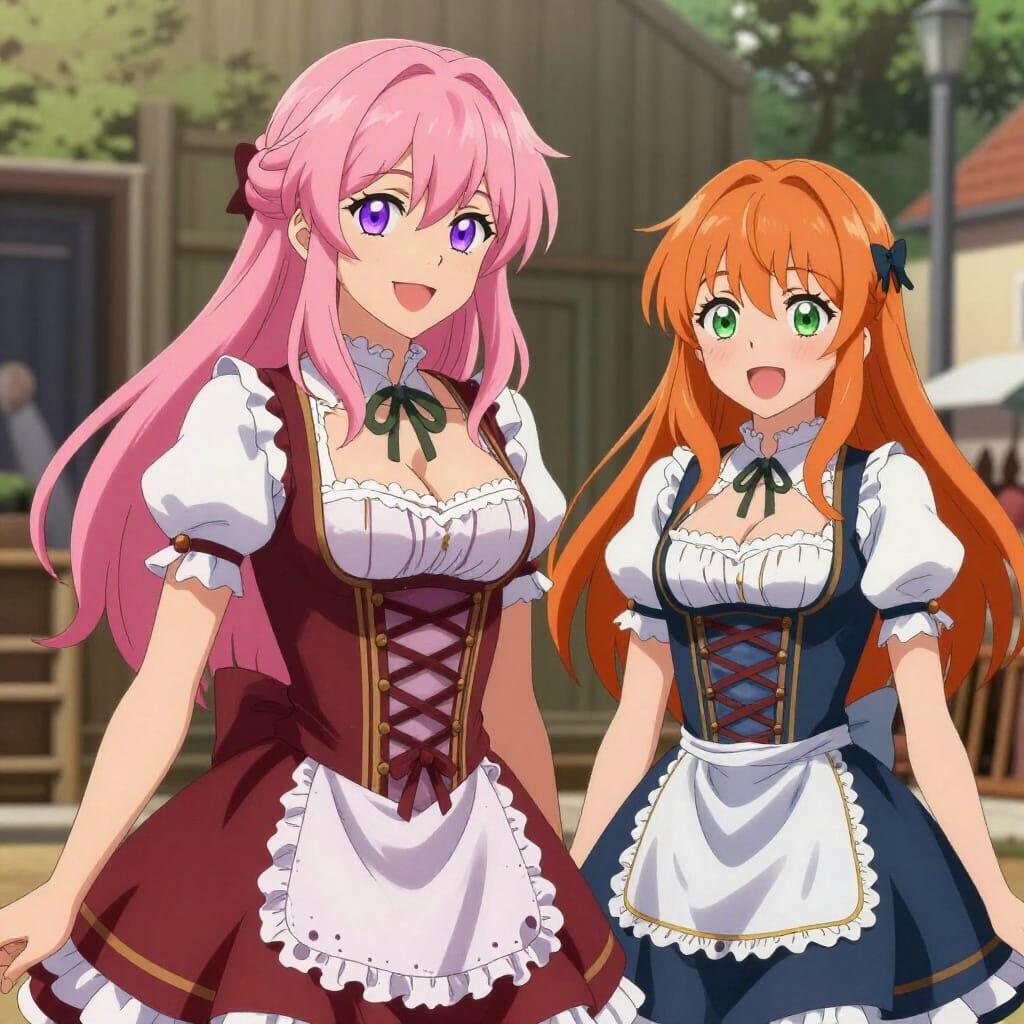 Anime Girls Exploring Germany in Alcohol Ink Style
