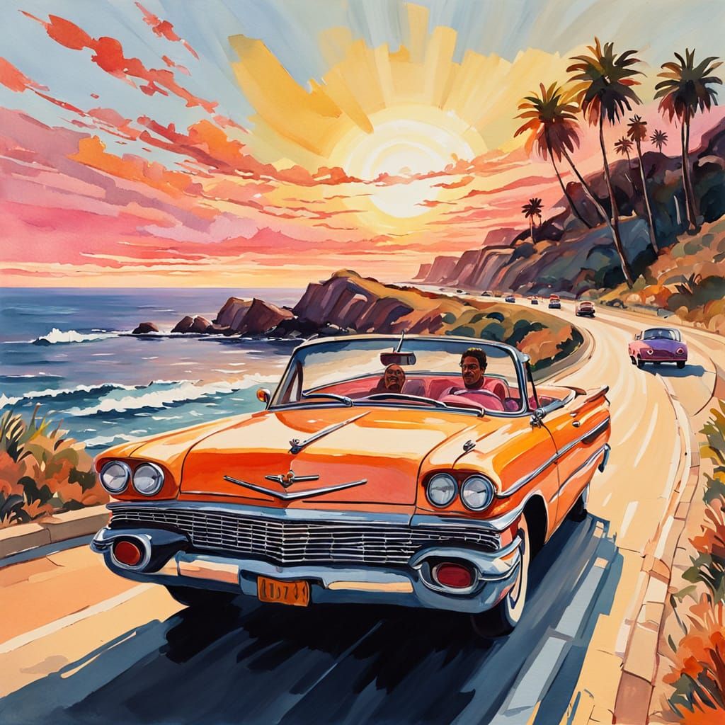 Convertible at Sunset: Gouache Impressionist Painting