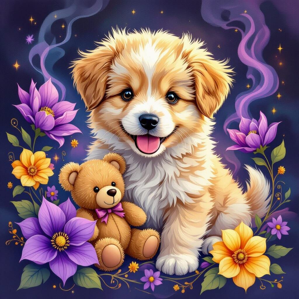 Fluffy Puppy and Teddy Bear in Golden Light
