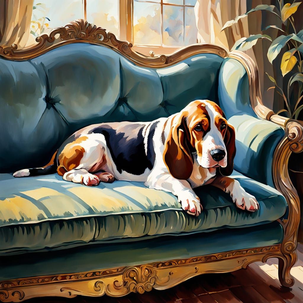 Sleepy Basset Hound on Velvet Chaise Lounge in Impressionist...