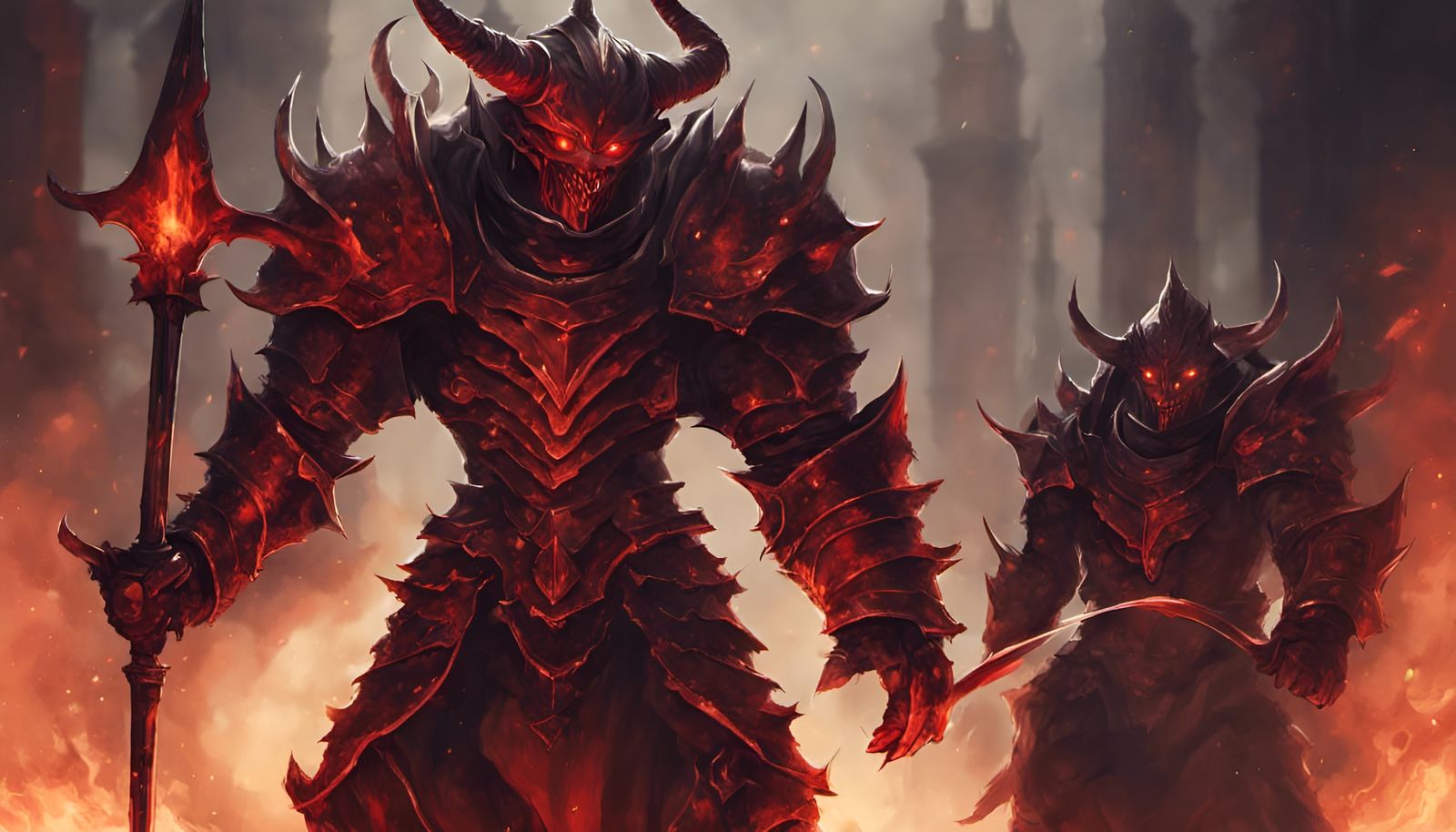 Armored Demon with Flaming Swords in Hell